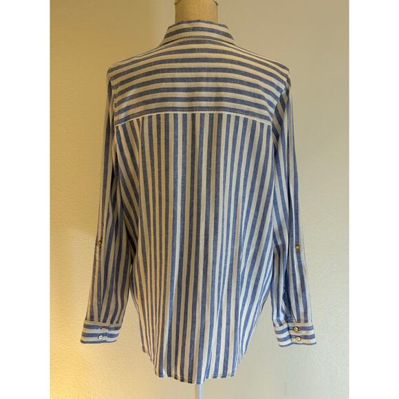 NICOLE MILLER blouse Top Linen Blend Stripe Blue White 3/4 Long Sleeve | LARGE - Picture 7 of 10
